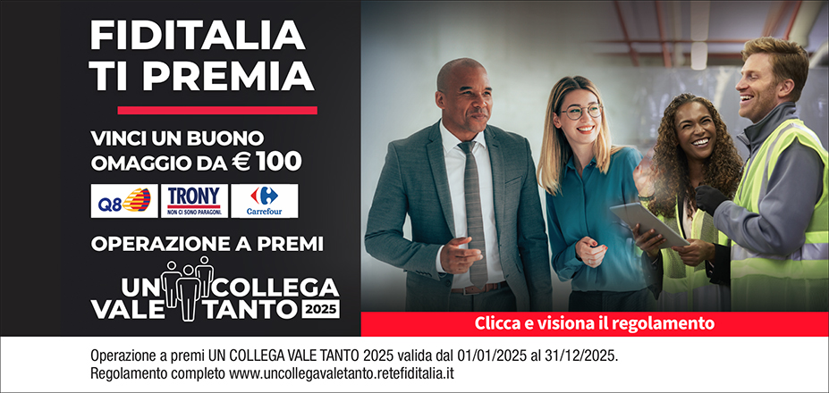 Agenzia Alpafin Fiditalia | Torino, Nichelino, TORINO | Fiditalia ti premia - Vinci un buono omaggio da €100. Operazione a premi. Clicca e visiona il regolamento. Operazione a premi UN COLLEGA VALE TANTO 2025 valida dal 01/01/2025 al 31/12/2025. Regolamento completo www.uncollegavaletanto.retefiditalia.it