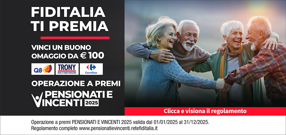 Agenzia Alpafin Fiditalia | Torino, Nichelino, TORINO | Fiditalia ti premia - Vicni un omaggio da €100. Operazione a premi. Clicca e visiona il regolamento. Operazione a premi PENSIONATI E VINCENTI 2025 valida dal 01/01/2025 al 31/12/2025. Regolamento completo www.pensionatievincenti.retefiditalia.it
