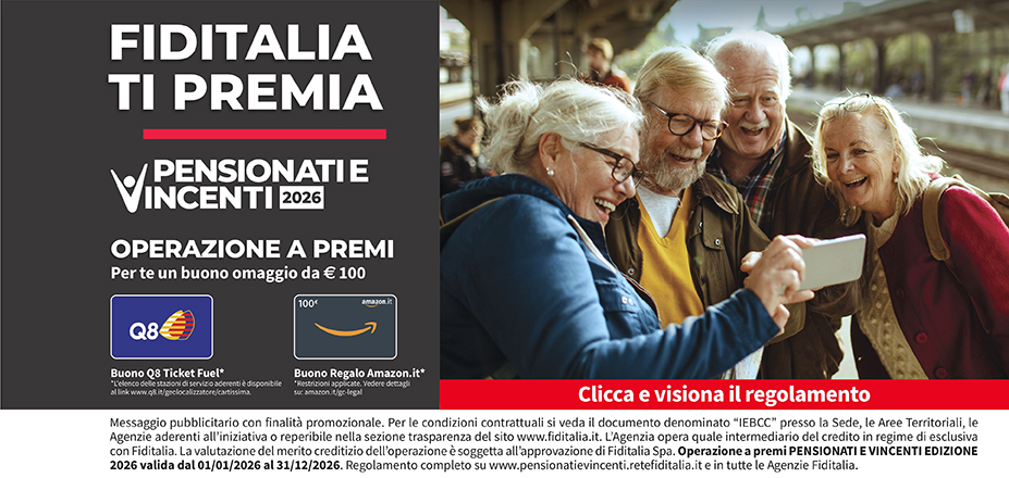 Agenzia Alpafin Fiditalia | Torino, Nichelino, TORINO | Fiditalia ti premia - Vicni un omaggio da €100. Operazione a premi. Clicca e visiona il regolamento. Operazione a premi PENSIONATI E VINCENTI 2025 valida dal 01/01/2025 al 31/12/2025. Regolamento completo www.pensionatievincenti.retefiditalia.it